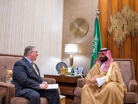 Saudi Crown Prince Mohammed bin Salmanin meets with a member of the delegation of American Evangelical Christian Leaders in Riyadh, Saudi Arabia November 1, 2018. Bandar Algaloud/Courtesy of Saudi Royal Court/Handout via REUTERS