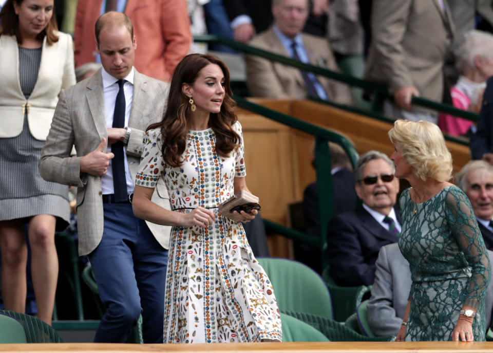 <p>An avid tennis fan, the Duchess of Cambridge watched the final Wimbledon match with Prince William at her side. For the occasion, she wore a £2,300 floral print McQueen dress. <i>[Photo: PA Images]</i></p>