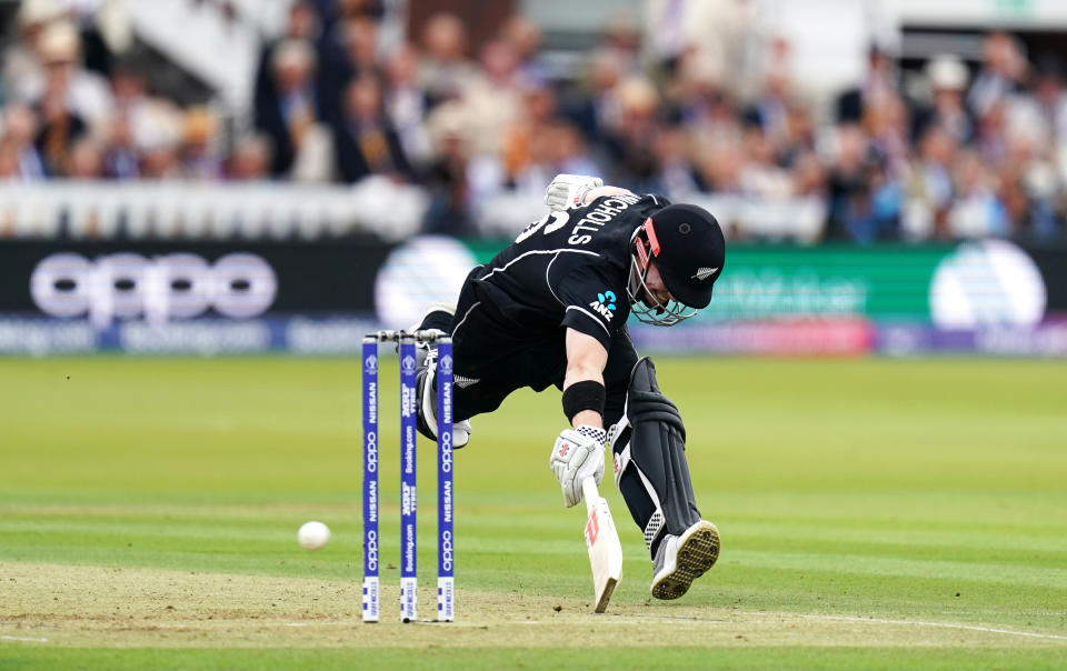 New Zealand's Henry Nicholls survives a run out attempt during the ICC World Cup Final at Lord's, London.