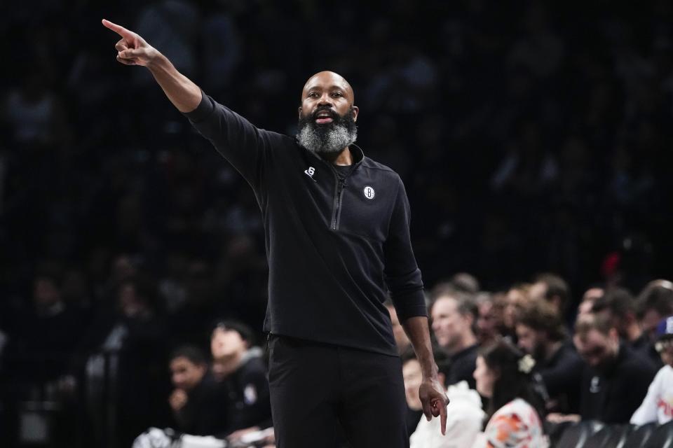 Brooklyn Nets head coach Jacque Vaughn calls out to his players during the second half of Game 4 in an NBA basketball first-round playoff series against the Philadelphia 76ers, Saturday, April 22, 2023, in New York. The 76ers won 96-88. (AP Photo/Frank Franklin II)