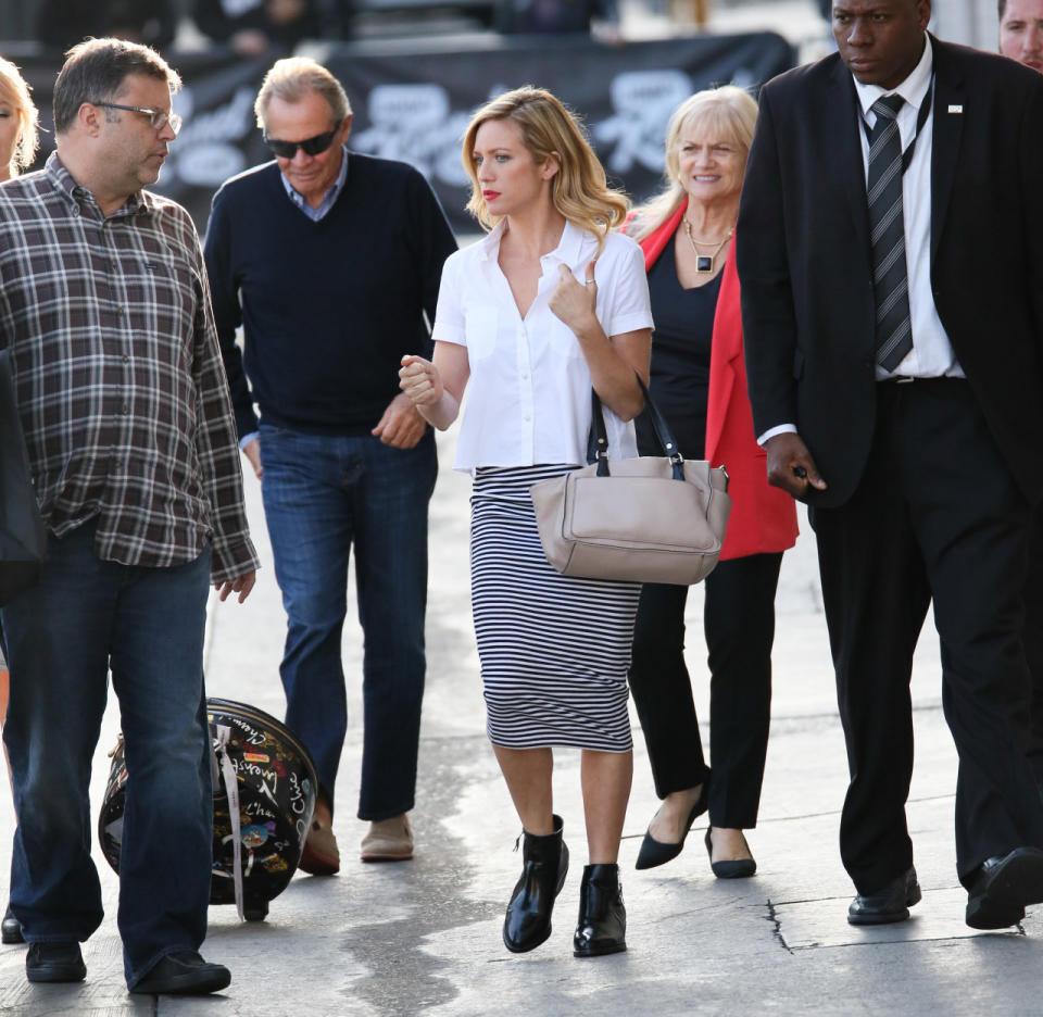 Before her guest appearance on “Jimmy Kimmel Live,” Snow was seen making her way to the studio in a casual cool look combo of a black and white striped jersey pencil skirt, white blouse, and short black boots. Very French, oui?