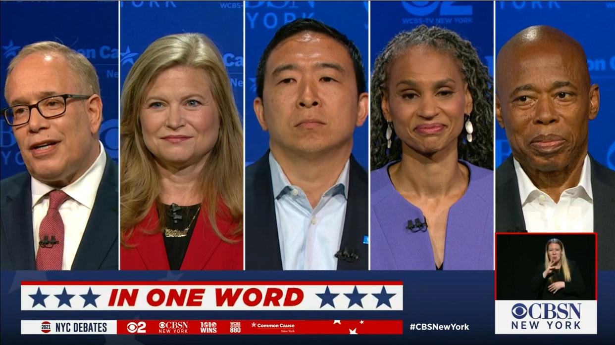 (L-R) New York City Comptroller Scott Stringer, Kathryn Garcia, Andrew Yang, Maya Wiley and Brooklyn borough president Eric Adams participate in a top-tiered Democratic mayoral candidate debate on WCBS.