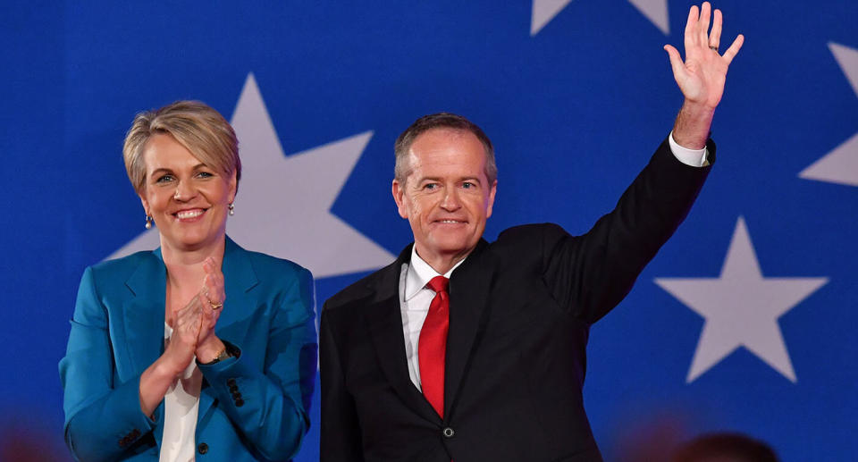 Deputy Opposition Leader Tanya Plibersek (left) and Bill Shorten (right) are seen at the launch of Labor's federal election campaign at the Brisbane Convention and Exhibition Centre on Sunday, May 5, 2019.