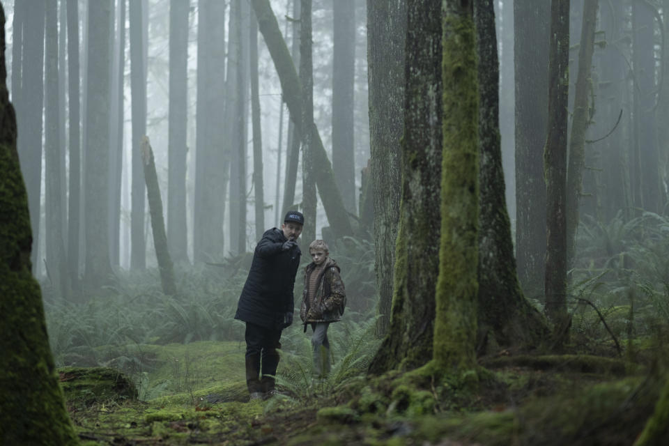 This image released by Searchlight Pictures shows director Scott Cooper, left, and Jeremy T. Thomas during the filming of "Antlers." (Kimberly French, Courtesy/Searchlight Pictures via AP)