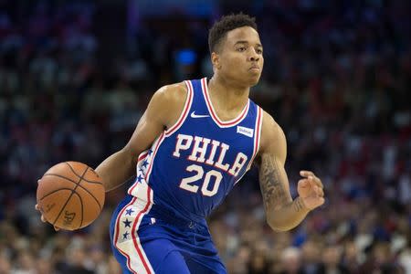 Oct 20, 2017; Philadelphia, PA, USA; Philadelphia 76ers guard Markelle Fultz (20) dribbles against the Boston Celtics during the second half at Wells Fargo Center. Bill Streicher-USA TODAY Sports/File Photo