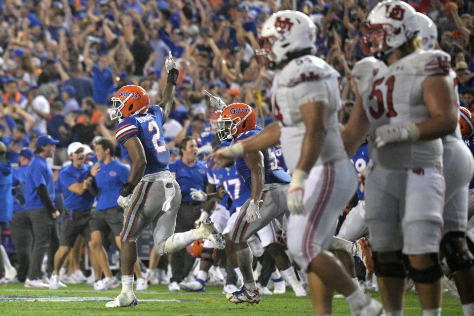 Florida linebacker Amari Burney celebrates after securing the game-sealing interception.