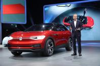 <p><strong>Volkswagen ID Crozz</strong><br>VW is developing a line of electric vehicles, the ID lineup, and that includes this crossover vehicle. The company has shown the vehicle before, but this one is much closer to what the production model will actually look like. There are some neat features, including rear doors that slide backwards, a panoramic roof shade that can be adjusted via gesture control, and an “infotainment” screen in the centre console. Anticipated launch year: 2020. (Photo by Sean Gallup/Getty Images) </p>