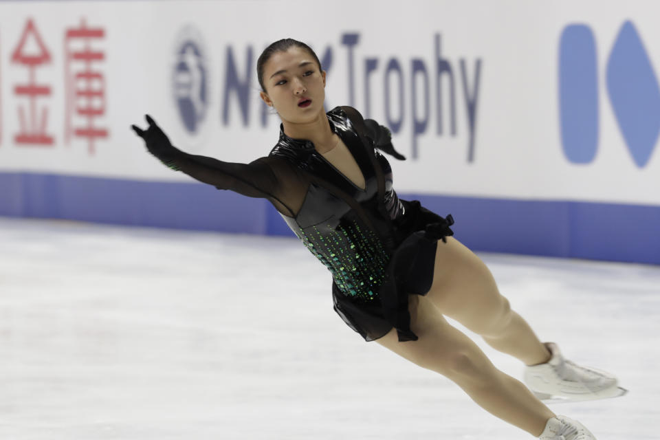 Kaori Sakamoto of Japan performs during a free skating of an ISU Grand Prix of Figure Skating competition in Kadoma near Osaka, Japan, Saturday, Nov. 28, 2020. (AP Photo/Hiro Komae)