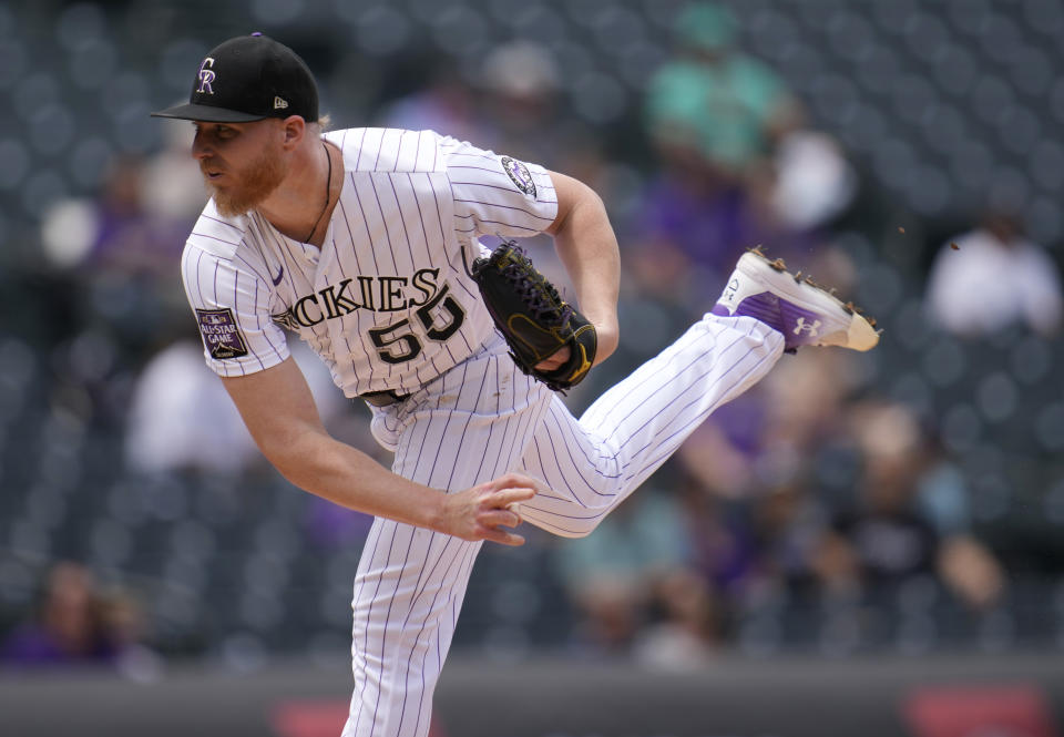 Colorado Rockies starting pitcher Jon Gray works against the Arizona Diamondbacks in the first inning of a baseball game Sunday, May 23, 2021, in Denver. (AP Photo/David Zalubowski)