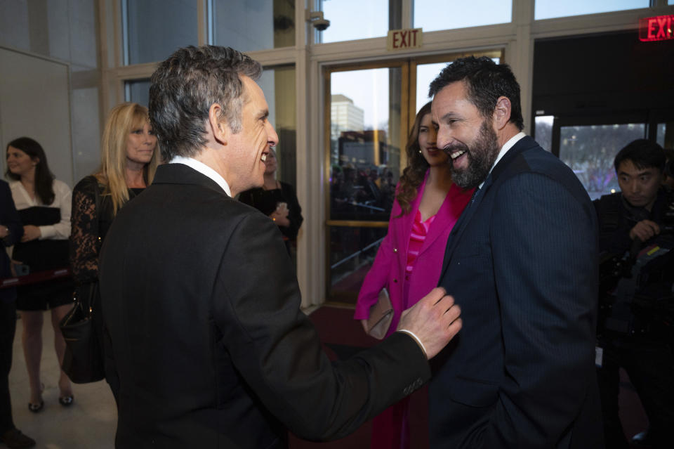 Ben Stiller and Mark Twain Prize recipient Adam Sandler talk before walking the red carpet during the 24th Annual Mark Twain Prize for American Humor at the Kennedy Center for the Performing Arts, Sunday, March 19, 2023, in Washington. (AP Photo/Kevin Wolf)