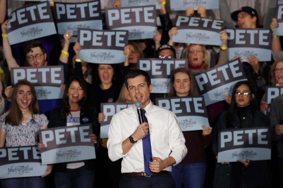 Democratic presidential candidate former South Bend, Ind. Mayor Pete Buttigieg speaks at a campaign event, Monday, Feb. 10, 2020, in Exeter, N.H.