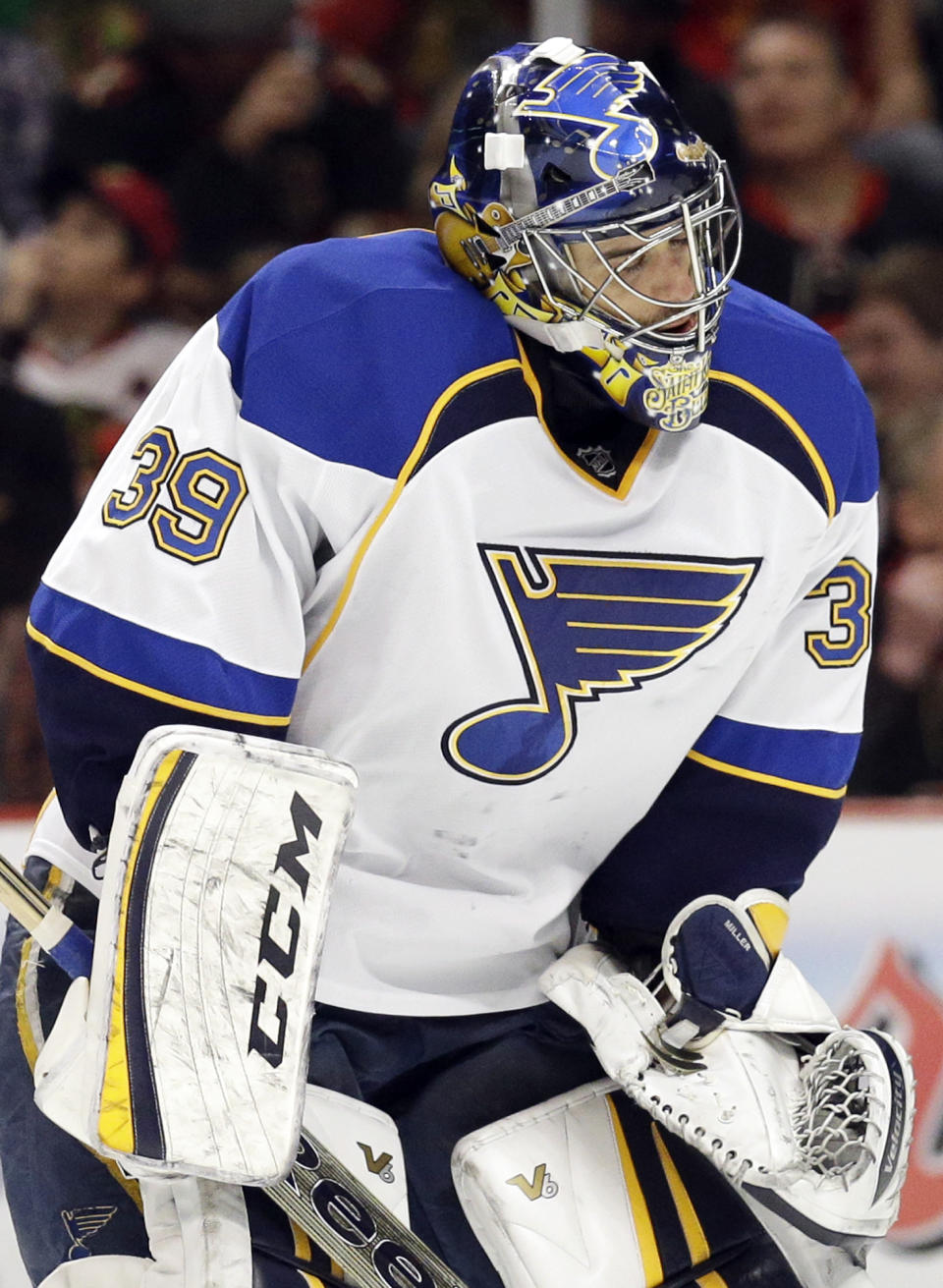 St. Louis Blues goalie Ryan Miller skates on the ice during the second period in Game 6 of a first-round NHL hockey playoff series against the Chicago Blackhawks in Chicago, Sunday, April 27, 2014. The Blackhawks won 5-1. (AP Photo/Nam Y. Huh)