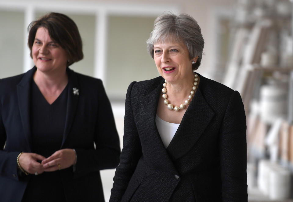 Prime minister Theresa May with DUP leader Arlene Foster in Fermanagh, Northern Ireland, in July. Pic: Reuters