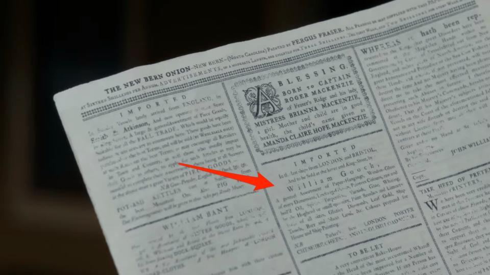 The shot of the New Barn Onion newspaper in season seven, episode two of "Outlander."