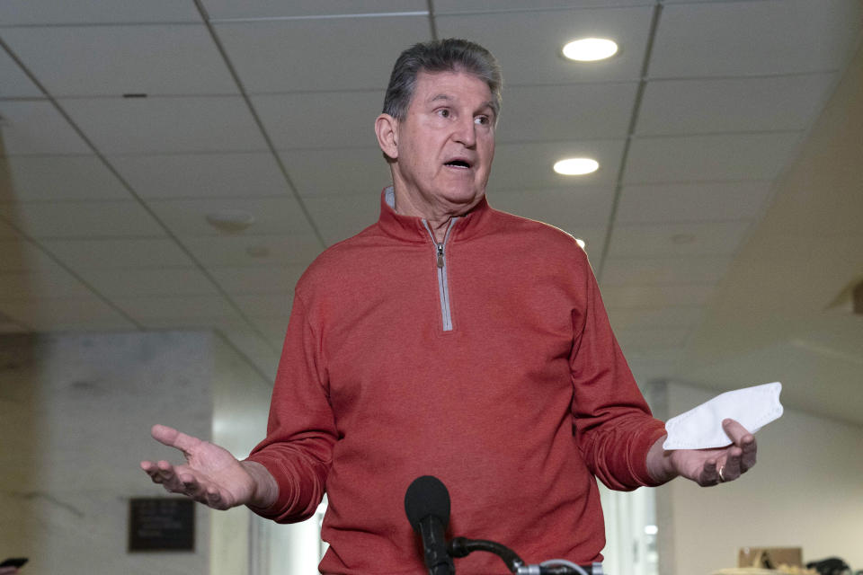 Sen. Joe Manchin, D-WVa., speaks to reporters on Capitol Hill in Washington, Tuesday, Jan. 18, 2022. ( AP Photo/Jose Luis Magana)