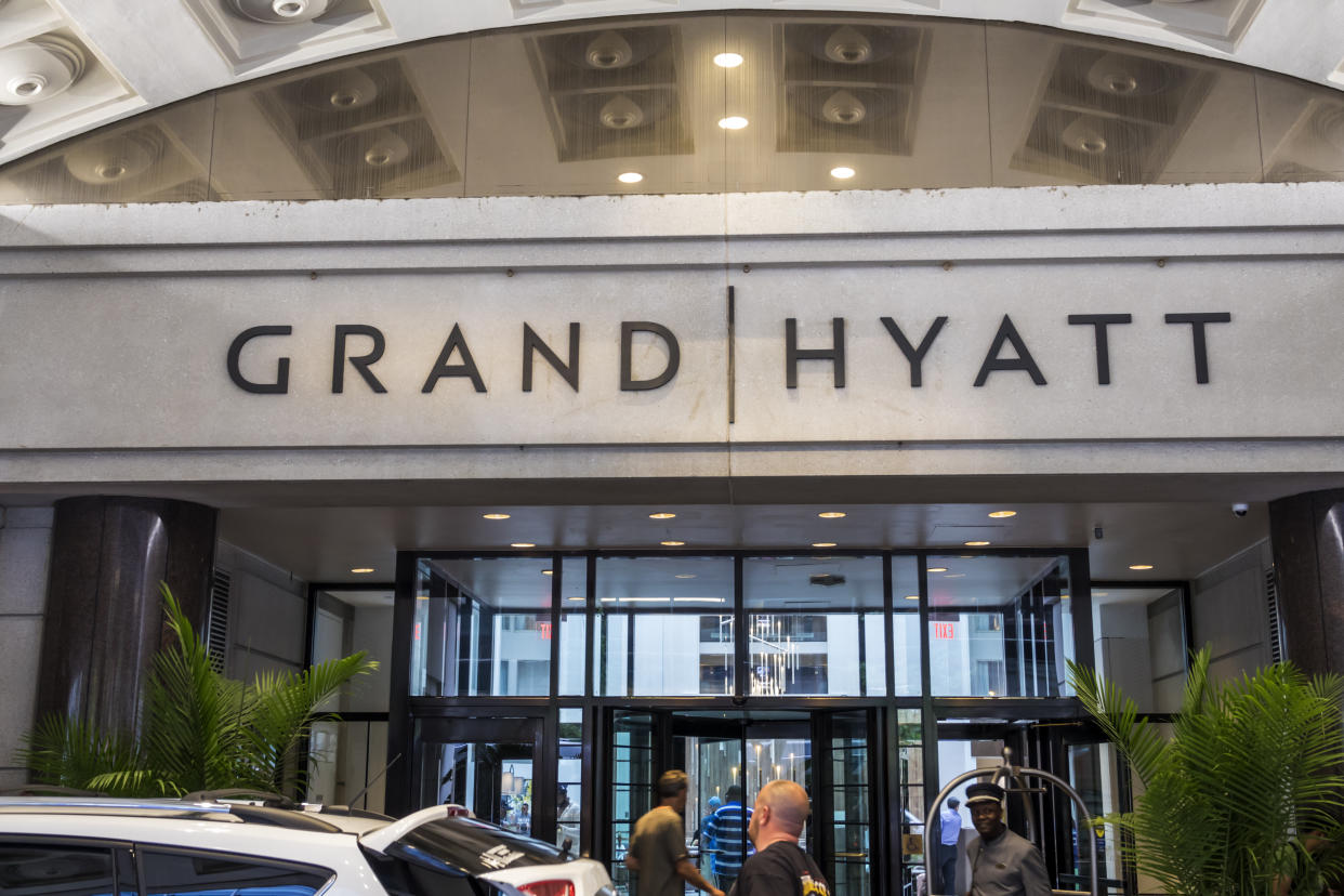 Washington DC, Grand Hyatt, hotel entrance. (Photo by: Jeffrey Greenberg/Universal Images Group via Getty Images)