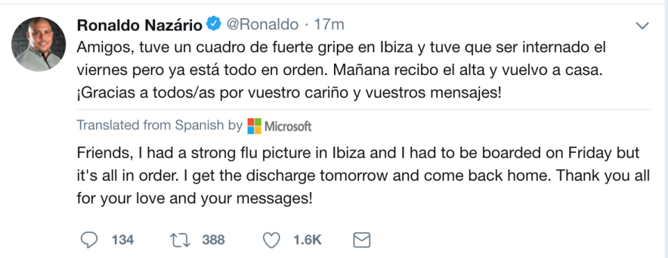 Ronaldo updated his fans on his condition on Sunday afternoon.