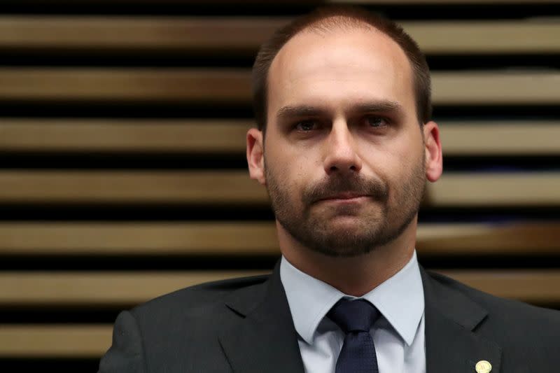 FILE PHOTO: Brazilian Federal Deputy Eduardo Bolsonaro, son of president Jair Bolsonaro speaks during a board meeting of Federation of Industries of the State of Sao Paulo (FIESP) in Sao Paulo