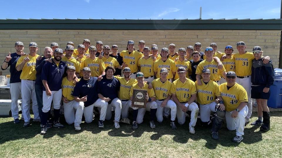 The Augustana baseball team poses with the NSIC conference title plaque