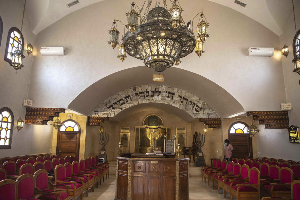 A view inside the Synagogue David Hemelekh, which has been closed since the outbreak of Coronavirus, in Casablanca, Morocco, Thursday, May 28, 2020. The city boasts about 15 functioning synagogues, 10 kosher butchers and five kosher restaurants, said Berdugo, an ambassador at-large for Morocco's king and former tourism minister. (AP Photo/Mosa'ab Elshamy)