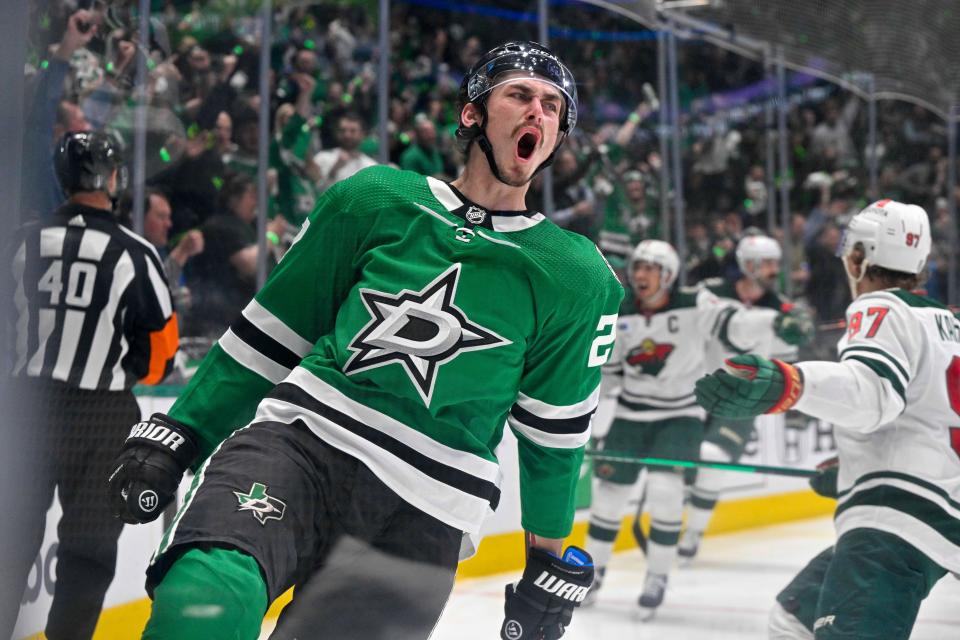 Dallas Stars left wing Mason Marchment celebrates after he scores a second-period goal against the Minnesota Wild during Game 5.