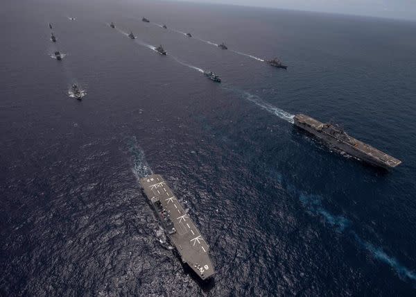 全球最大的「環太平洋2024」多國海上聯合演習即將在6月底將展開，圖為2020年環太平洋軍演。   圖：翻攝自臉書