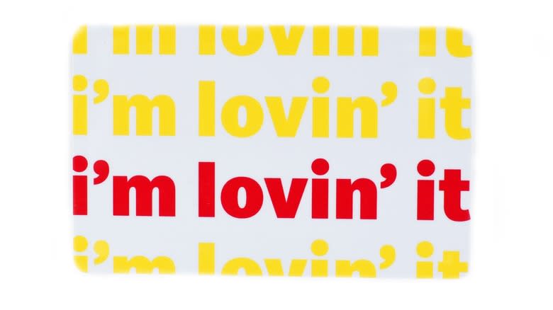 McDonald's gift card with 'I'm loving' it' logo on white background