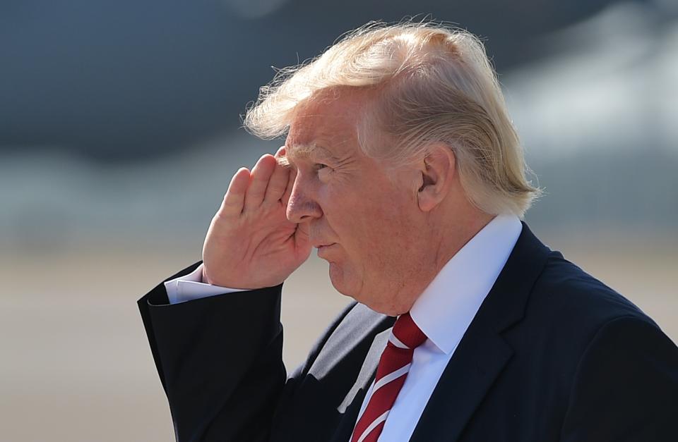 President Donald Trump salutes upon arrival at MacDill Air Force Base on Feb. 6, 2017, in Tampa, Florida, to visit the U.S. Central Command and Specials Operations Command.