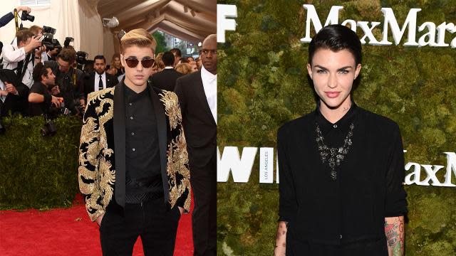 New BFF alert! <em>Orange is the New Black</em> star Ruby Rose finally met her celebrity doppelgänger Justin Bieber. The two were introduced backstage while Avicii performed at Wynn Las Vegas' Encore Beach Club. Ruby's <em>OITNB</em> character Stella Carlin was called "Justin Bieber" on this season of the Netflix hit, so it was only fitting that she hung out with the singer in real life. <strong>WATCH: Meet Ruby Rose</strong> And one look at the heavily tattooed pair posing together tells you exactly why Ruby is often compared to the Canadian crooner: The 29-year-old Australian appropriately captioning a third post, "#twinning" on Instagram. She also shared it on Twitter, writing, "So this happened.. @justinbieber haha my brother." The two warmed up their budding friendship on social media earlier in the week when Justin shared a photo of Ruby playing a piano covered in plates -- with his face on them! -- to which she replied, "You're welcome to use it anytime." @RubyRose nice piano pic.twitter.com/TJp22KKzTO— Justin Bieber (@justinbieber) June 18, 2015 Justin was in Vegas for the Electric Daisy Carnival, a weekend-long EDM festival, and he made his presence very well known. <strong>NEWS: Justin's Manager Clarifies Bob Dylan Comparison</strong> Late Saturday night (well, early Sunday morning, really), the 21-year-old warmed up the crowd with a drum solo before Chris Brown's set at Drai's Beach Club. @justinbieber warming up the drums before @chrisbrown #DraisLive for #EDCWeek at #DraisRooftop! pic.twitter.com/akp3QNYzxL— Drai's Las Vegas (@DraisLV) June 21, 2015 He also posed with well-known DJ Kaskade, who Justin referred to as "my brothaaa." my brothaaa @kaskade pic.twitter.com/KmQd3ggnxT— Justin Bieber (@justinbieber) June 21, 2015 But the coolest part for fans had to be when Justin hopped on the mic Saturday afternoon for an impromptu rendition of his song "Where Are Ü Now" for the crowd at Drai's. @JustinBieber hopped behind the mic LIVE today at our #EDCWeek festivities! #DraisLV #EDCLV #Vegas pic.twitter.com/ATocwcKOuI— Drai's Las Vegas (@DraisLV) June 20, 2015 Get to know Justin's new pal and lookalike Ruby better in the video below: