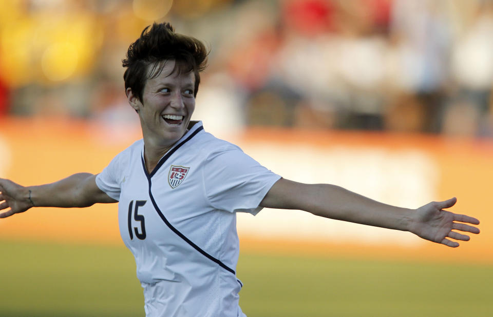 KENNESAW - OCTOBER 2:  Midfielder Megan Rapinoe #15 of the U.S. Women's National Soccer Team celebrates her first half goal during the game against the People's Republic of China Women's National Soccer Team on October 2, 2010 in Kennesaw, Georgia.  The U.S. beat China 2-1.  (Photo by Mike Zarrilli/Getty Images)