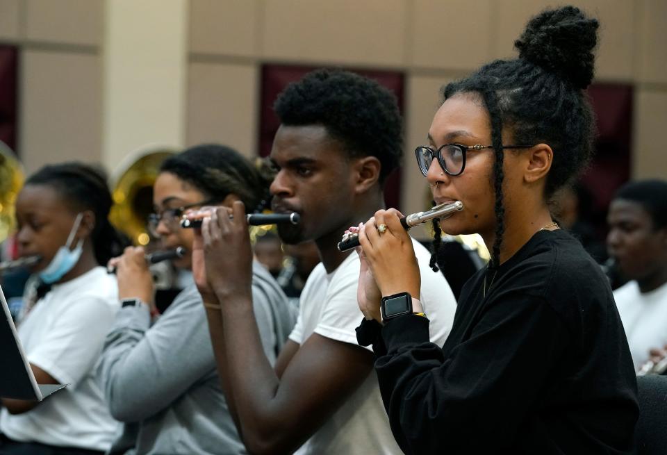 Members of the Bethune-Cookman University Marching Wildcats practice Tuesday, Aug. 30, 2022.