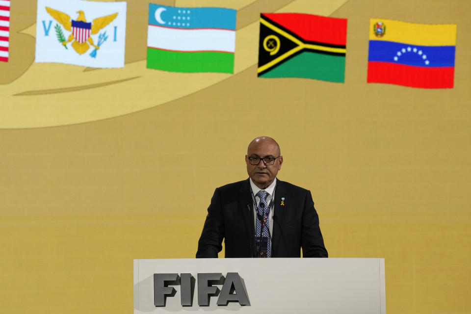 President of the Israel Football Associated Shino Moshe Zuares delivers his speech at the 74th FIFA congress in Bangkok, Thailand, Friday, May 17, 2024.(AP Photo/Sakchai Lalit)