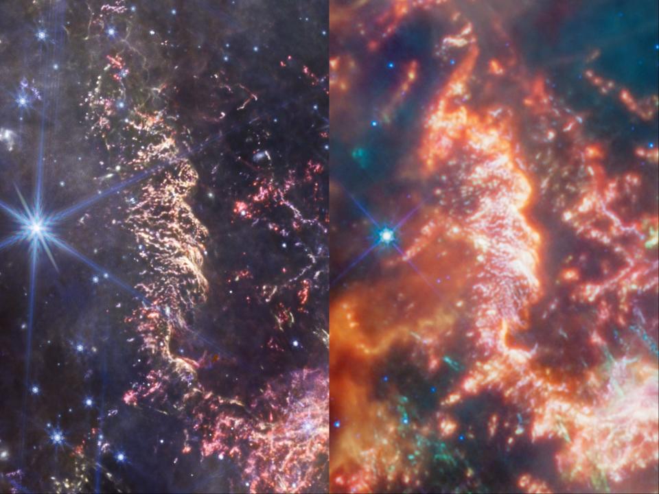 Die "Glasscherben", die von stellarem Gas übrig geblieben sind, werden hier vom JWST (links) und Hubble (rechts) fotografiert. - Copyright: NASA, ESA, CSA, STScI, D. Milisavljevic (Purdue University), T. Temim (Princeton University), I. De Looze (University of Gent)