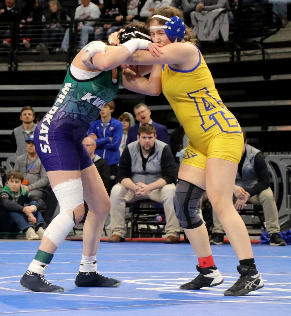 Aberdeen Central's Katrina Gibson locks up with Kimball-White Lake/Platte-Geddes' Elena Brennan during the girls 154-pound championship on Saturday, Feb. 24, 2023 in the South Dakota State Wrestling Championships at The Monument in Rapid City.