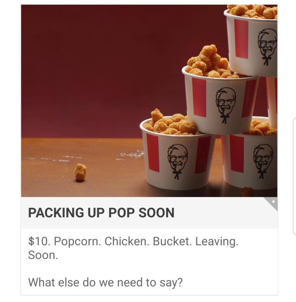 Message on KFC Australia app warning that $10 popcorn chicken bucket deal is ending soon.