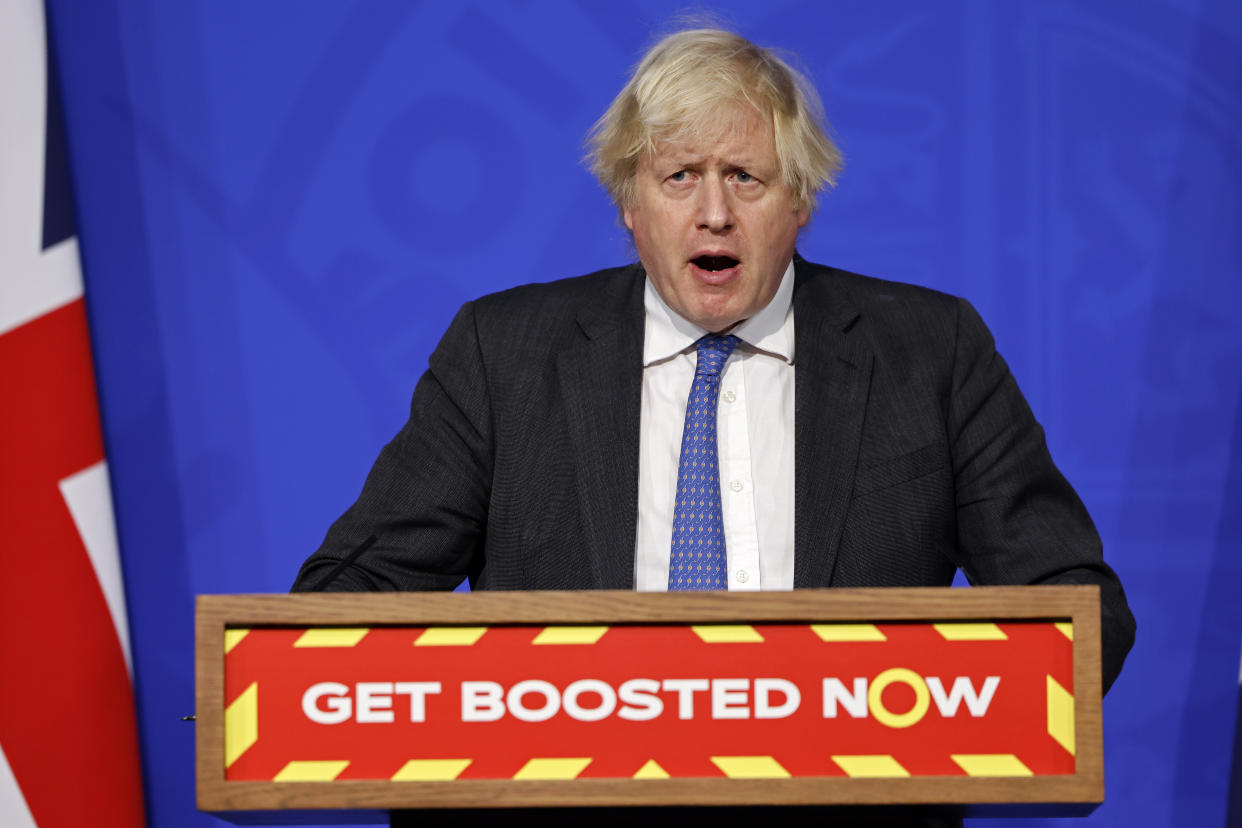 Prime Minister Boris Johnson during a media briefing in Downing Street, London, on coronavirus (Covid-19). Picture date: Wednesday December 15, 2021.