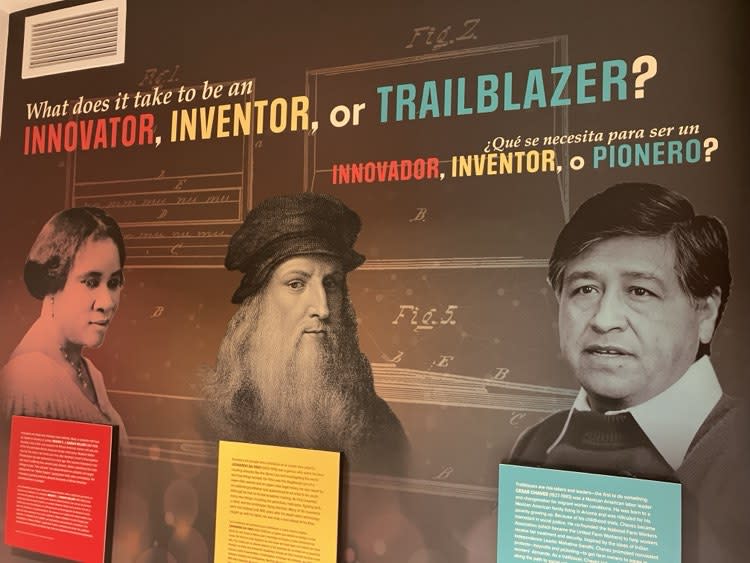A display highlighting Madam C.J. “Sarah” Walker, Leonardo Da Vinci and Cesar Chavez.