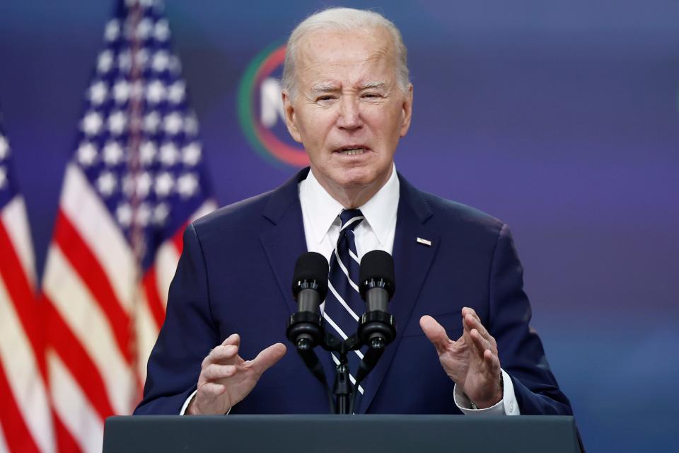 U.S. President Joe Biden gives remarks virtually to the National Action Network Convention from the South Court Auditorium in the Eisenhower Executive Office Building on the White House campus on April 12, 2024 in Washington, DC.