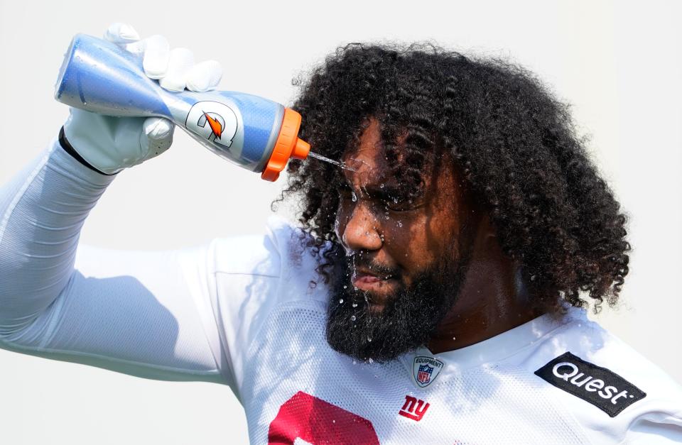 New York Giants defensive end Leonard Williams (99) on the first day of training camp in East Rutherford on Wednesday, July 26, 2023.