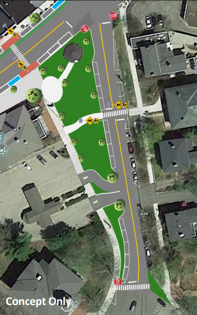 A recent parking and traffic study recommended the addition of green space and the reconfiguration of intersection by the bandstand from a three-way to a four-way stop.