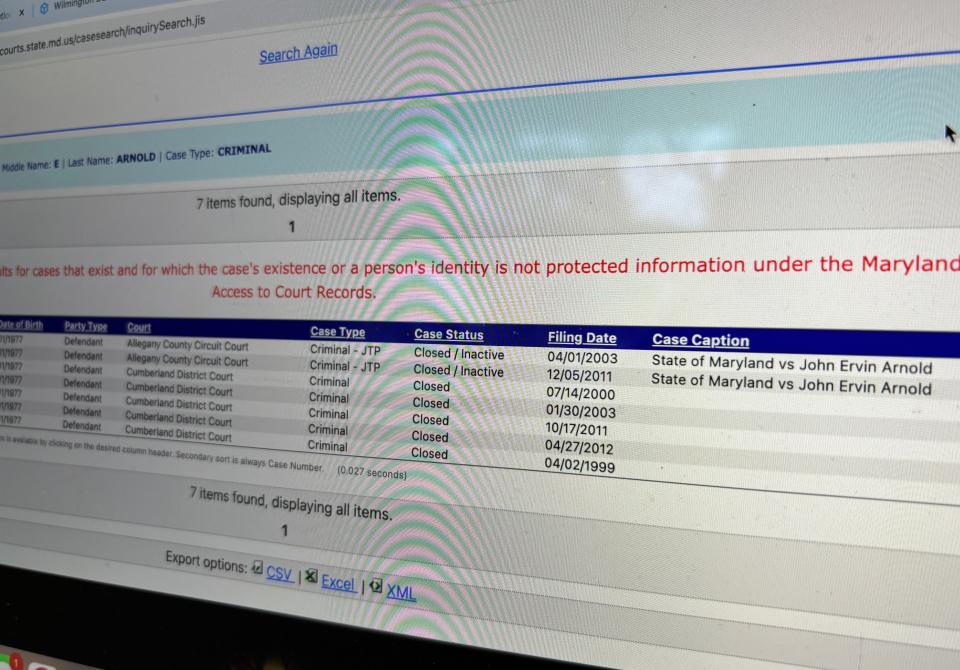 Maryland court records for John Arnold, who was charged in New Castle County last week.