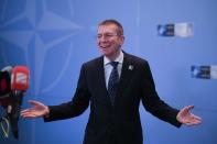 FILE - Latvia's Foreign Minister Edgars Rinkevics talks to journalists on second day of the meeting of NATO Ministers of Foreign Affairs, in Bucharest, Romania, on Nov. 30, 2022. Latvian lawmakers are set to elect a new head of state on Wednesday May 31, 2023 from a field of three candidates with none of them a clear favorite to win ahead of the unpredictable vote by the Baltic nation's 100-seat Saeima legislature. (AP Photo/Vadim Ghirda, File)