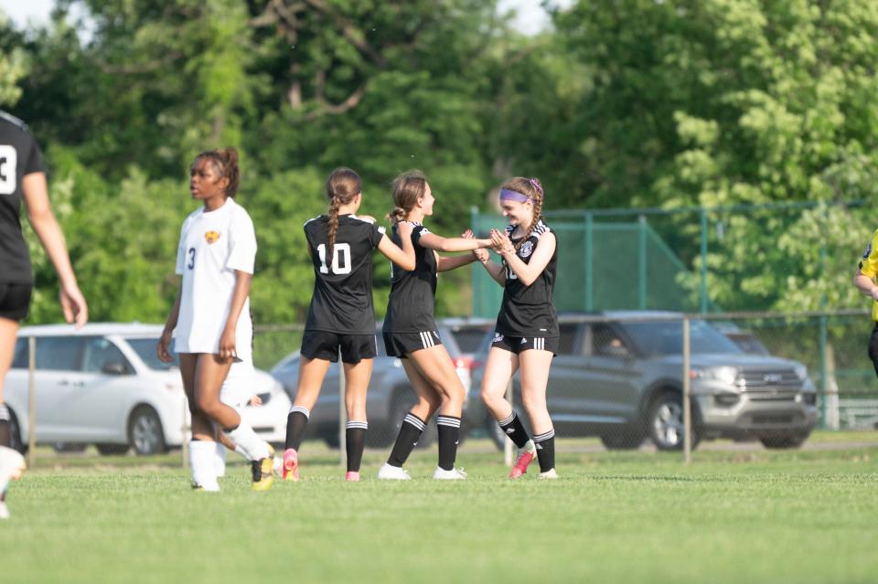 Lakeview players celebrate a goal by sophomore Shaelah Clark during a district game against Battle Creek Central at Lakeview High School on Wednesday, May 22, 2024.
