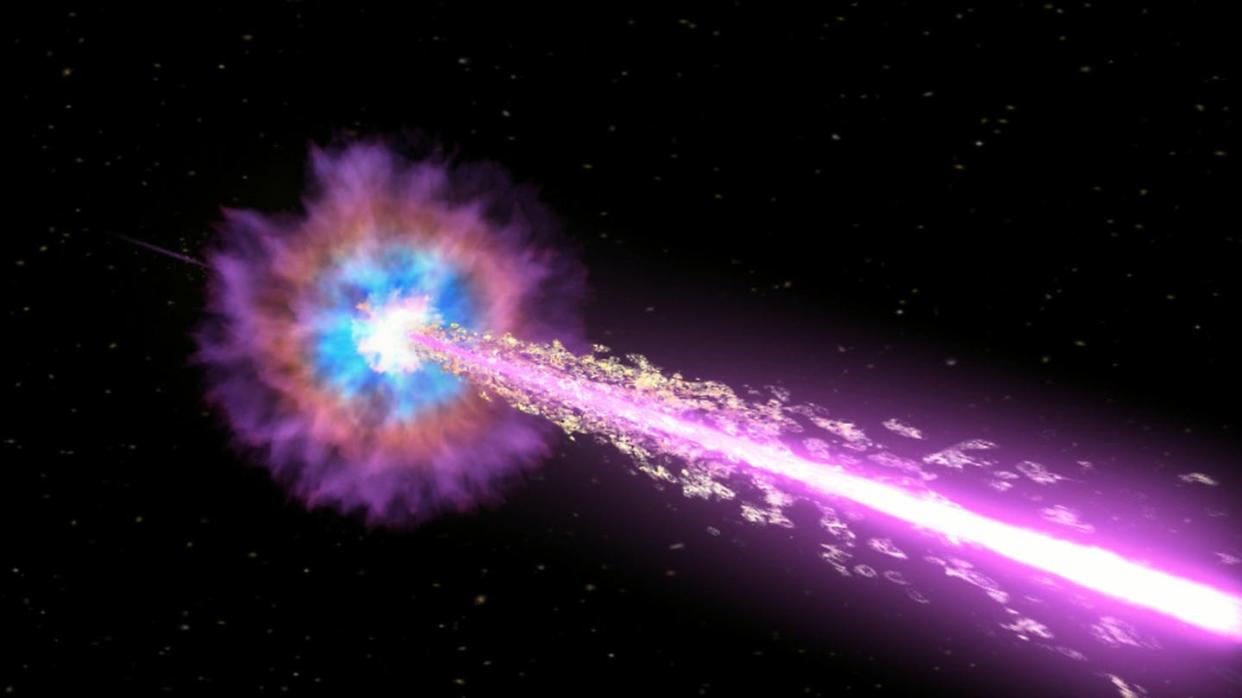 Los astrónomos creen que el estallido GRB 221009A representa el nacimiento de un nuevo agujero negro formado en el corazón de una estrella en colapso. <a href="https://www.nasa.gov/universe/nasas-swift-fermi-missions-detect-exceptional-cosmic-blast/" rel="nofollow noopener" target="_blank" data-ylk="slk:NASA/Swift/Cruz deWilde;elm:context_link;itc:0;sec:content-canvas" class="link ">NASA/Swift/Cruz deWilde</a>