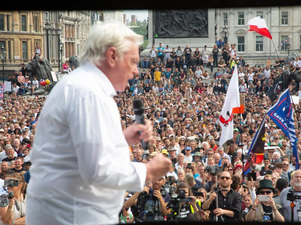 David Icke speaks to the protesters during the demonstration