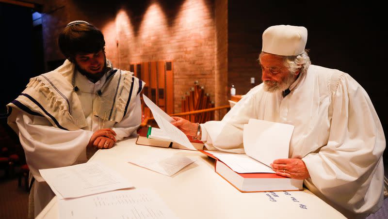 Rabbi Samuel Spector and Cantor Laurence Loeb review the materials before prerecording the Rosh Hashanah and Yom Kippur service at Congregation Kol Ami in Salt Lake City on Sunday, Aug. 30, 2020.