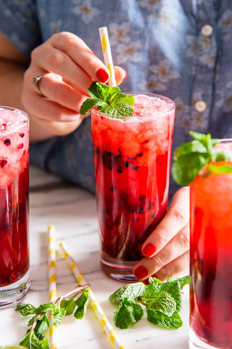 <p><a href="https://www.delish.com/uk/cocktails-drinks/a30924200/mojito/" rel="nofollow noopener" target="_blank" data-ylk="slk:Classic mojitos;elm:context_link;itc:0" class="link ">Classic mojitos</a> are always refreshing with fresh mint and fruit. This non-alcoholic version is still every bit as refreshing with an easy mint simple syrup and fresh blackberries.</p><p>Get the <a href="https://www.delish.com/uk/cocktails-drinks/a33333249/blackberry-virgin-mojito-recipe/" rel="nofollow noopener" target="_blank" data-ylk="slk:Blackberry Virgin Mojito;elm:context_link;itc:0" class="link ">Blackberry Virgin Mojito</a> recipe.</p>