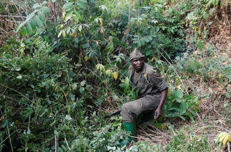 A Congolese soldier from the Armed Forces of the Democratic Republic of Congo (FARDC) uses a machete to clear a path after the army took control of an ADF rebel camp, near the town of Kimbau, North Kivu Province, Democratic Republic of Congo, February 20, 2018. REUTERS/Goran Tomasevic/Files