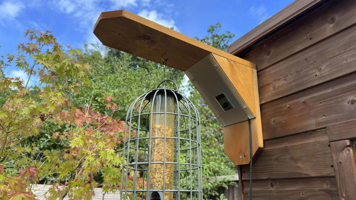  Green Feathers Bird Feeder Camera attached to a shed 