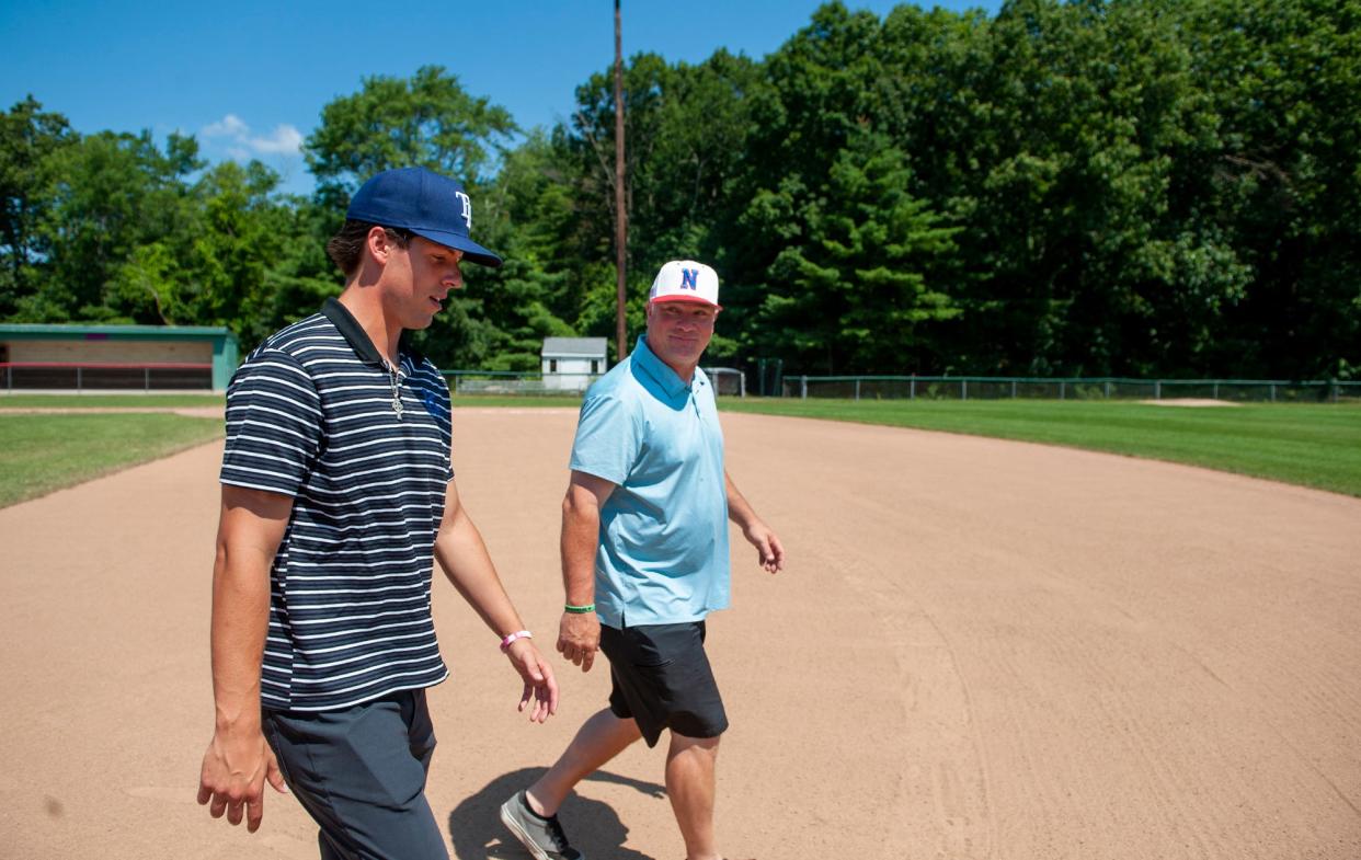 Natick High School and University of Kentucky graduate Sean Harney (left) pictured here with former coach and recently named Natick High School Principal Jason Hoye at Mahan Field on July 20, 2022. Harney was recently drafted by the Tampa Bay Rays in the eighth round of the MLB draft.